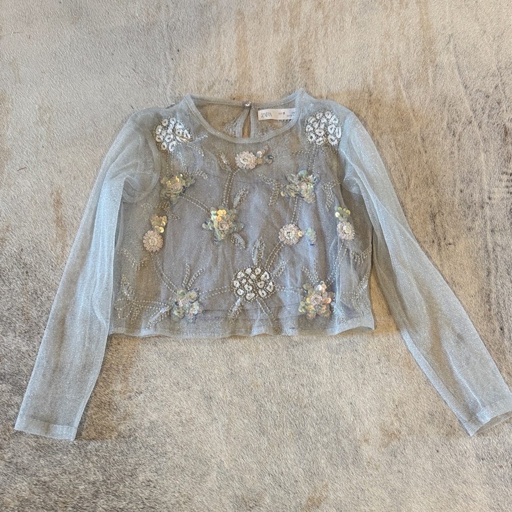Zara Kids Sheer Gray Floral Blouse